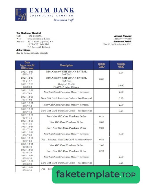 Feature of fake Djibouti Exim Bank statement